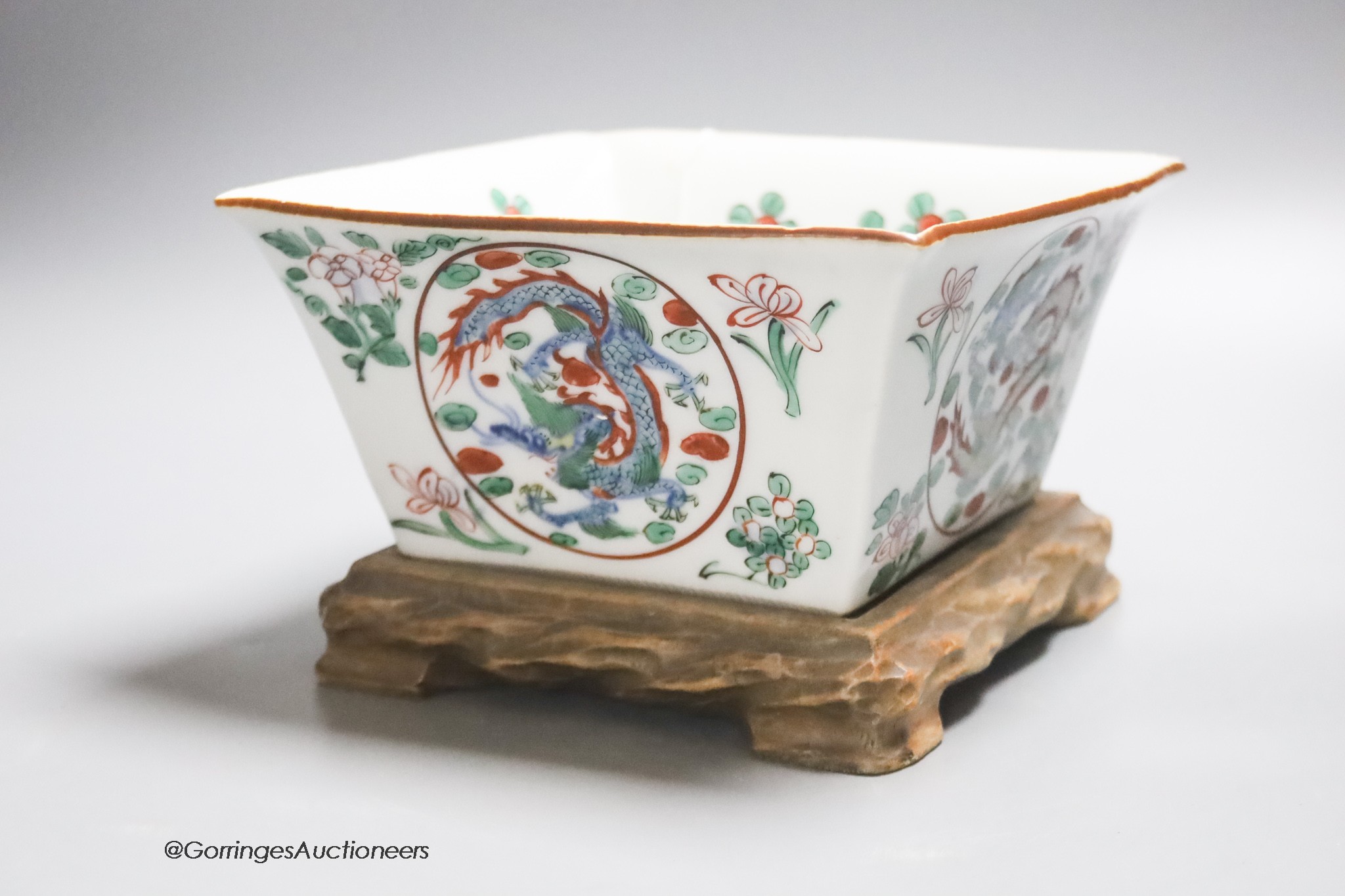 An Oriental enamelled porcelain square 'dragon' bowl, 18cm